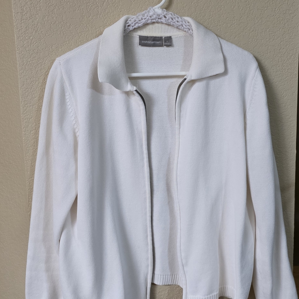croft & barrow White Zip-Up Knit Jacket with Collar